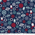 Nautical tossed print anchors ship wheels life rings compass navy red white teal fabric for boys quilts kids coastal beach patchwork projects