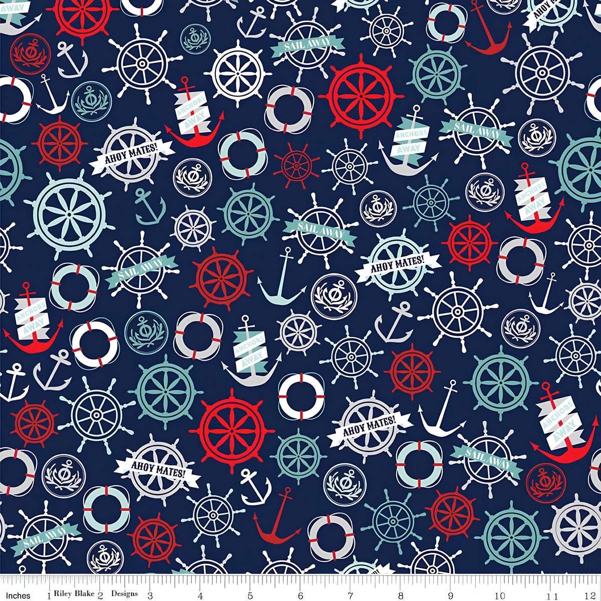 Nautical tossed print anchors ship wheels life rings compass navy red white teal fabric for boys quilts kids coastal beach patchwork projects