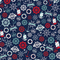 Nautical tossed print anchors ship wheels life rings compass navy red white teal fabric for boys quilts kids coastal beach patchwork projects