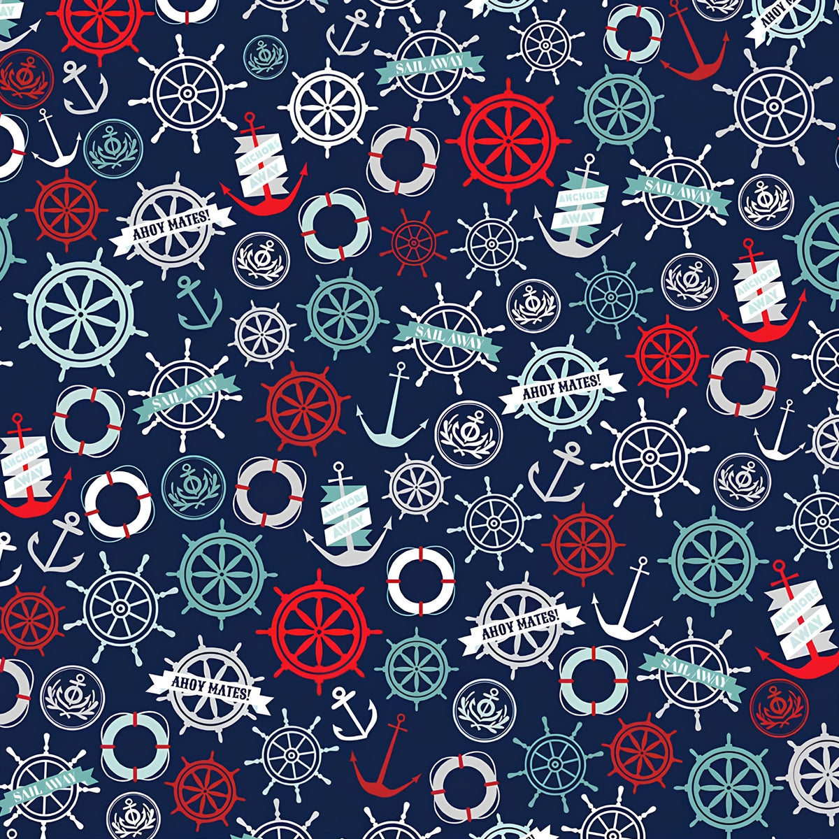 Nautical tossed print anchors ship wheels life rings compass navy red white teal fabric for boys quilts kids coastal beach patchwork projects