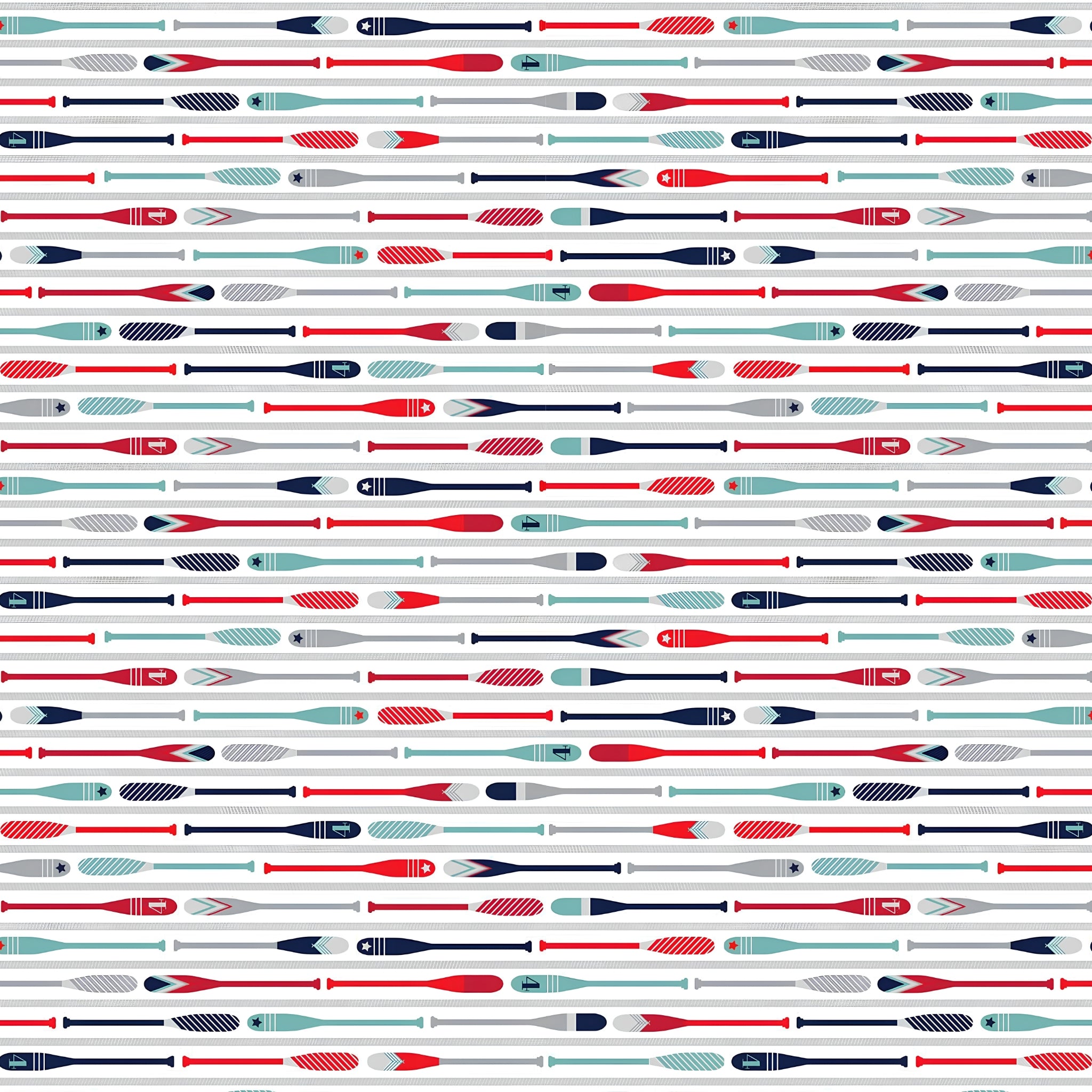 Colourful oars paddles navy red teal grey rows white background fabric for kids quilts boys nautical beach coastal patchwork projects