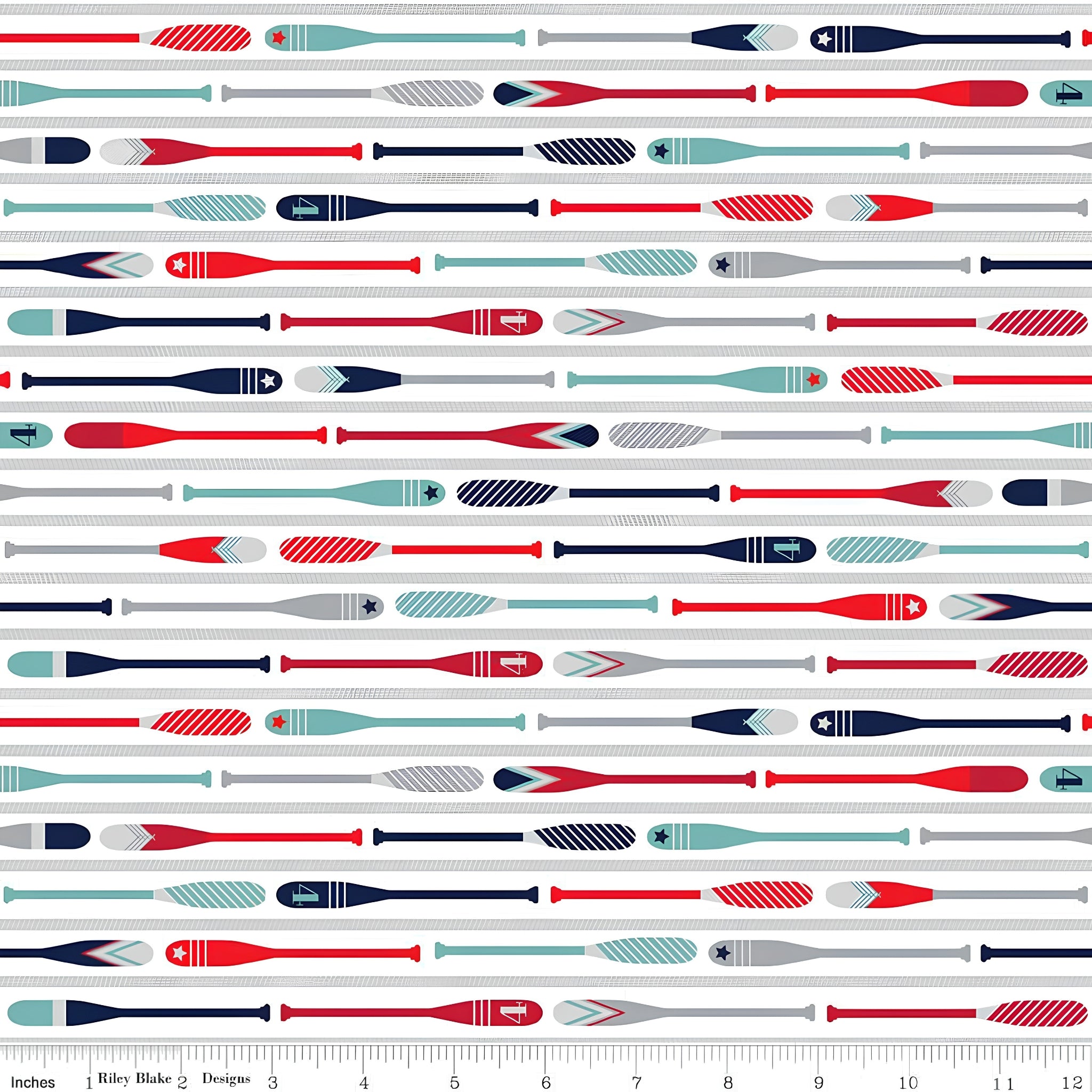 Colourful oars paddles navy red teal grey rows white background fabric for kids quilts boys nautical beach coastal patchwork projects
