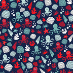 Cute octopus shells crabs starfish coral bubbles navy red white teal fabric for kids quilts beach ocean coastal patchwork projects