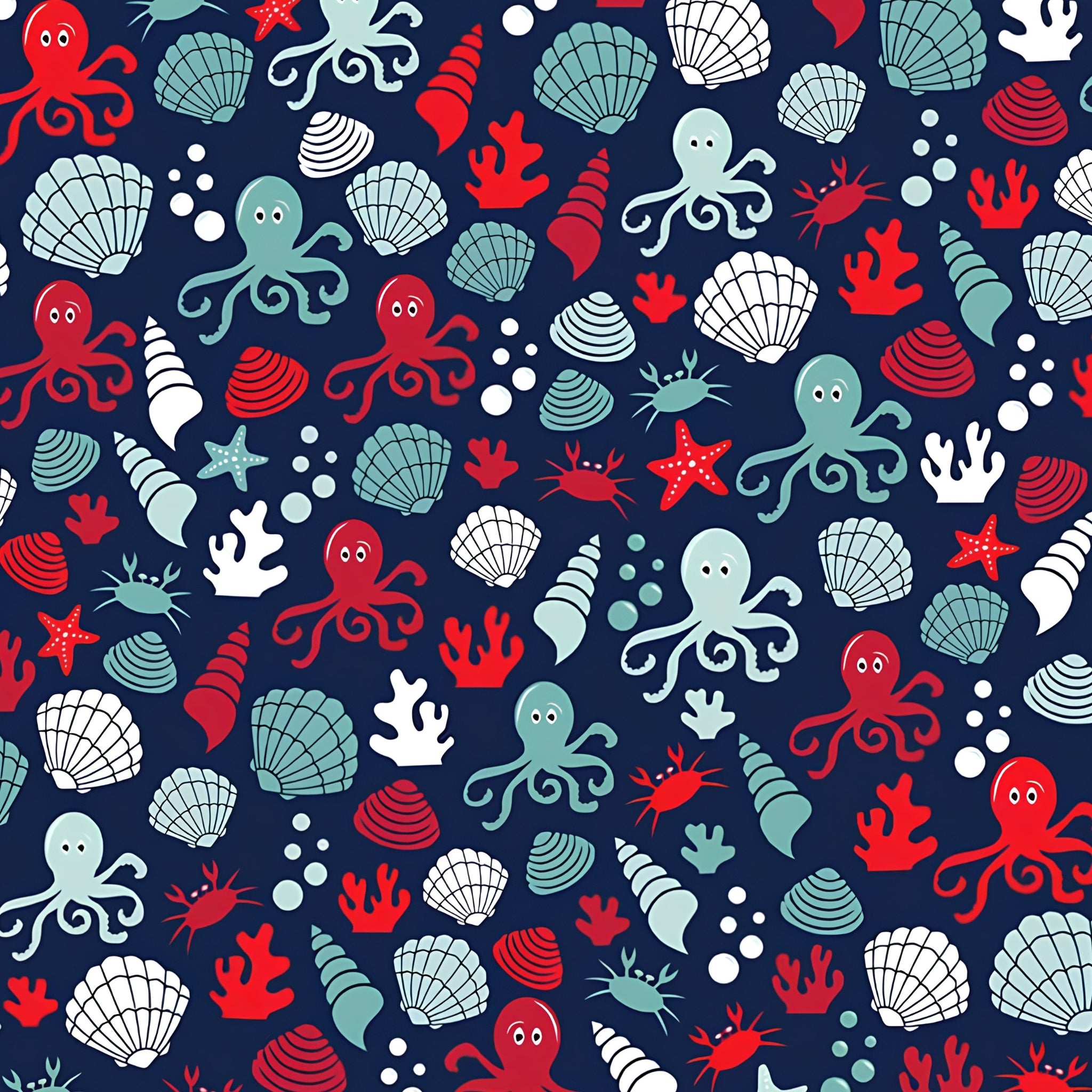 Cute octopus shells crabs starfish coral bubbles navy red white teal fabric for kids quilts beach ocean coastal patchwork projects