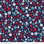 Cute octopus shells crabs starfish coral bubbles navy red white teal fabric for kids quilts beach ocean coastal patchwork projects