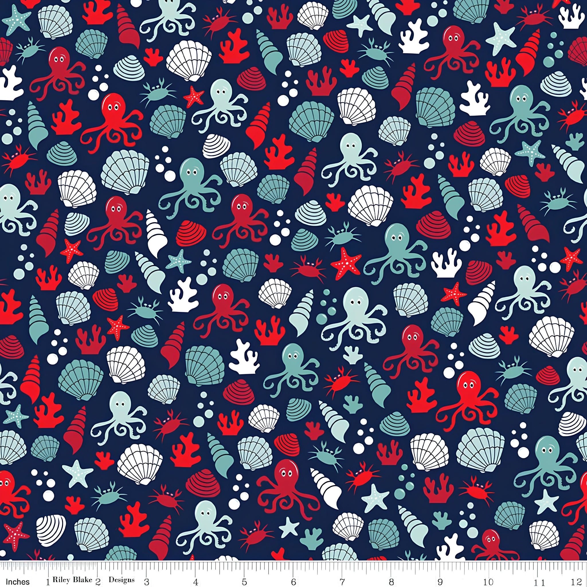 Cute octopus shells crabs starfish coral bubbles navy red white teal fabric for kids quilts beach ocean coastal patchwork projects