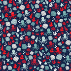 Cute octopus shells crabs starfish coral bubbles navy red white teal fabric for kids quilts beach ocean coastal patchwork projects