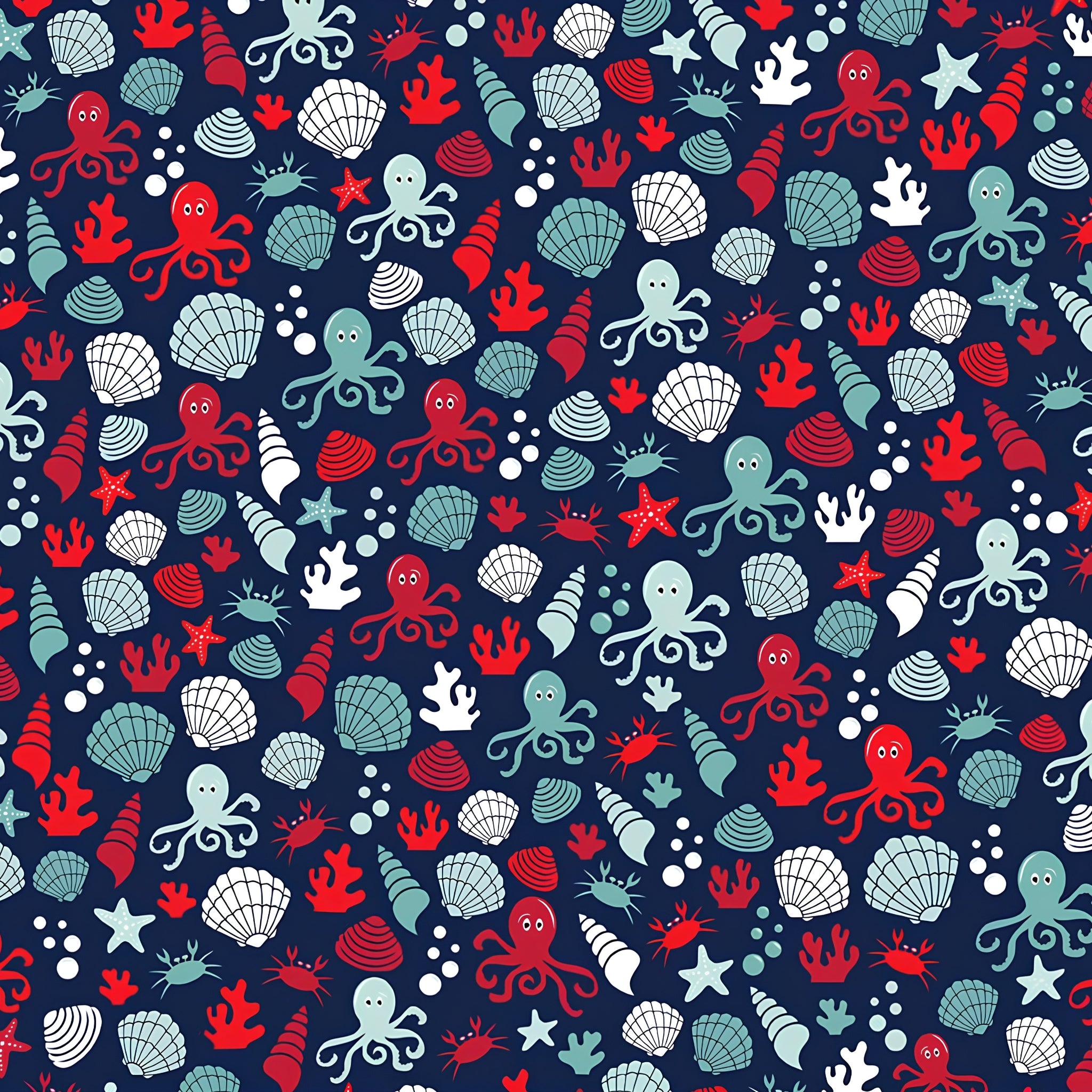 Cute octopus shells crabs starfish coral bubbles navy red white teal fabric for kids quilts beach ocean coastal patchwork projects