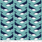 Large navy whale chevron interlocking pattern teal background fabric for kids quilts boys nautical coastal beach patchwork projects