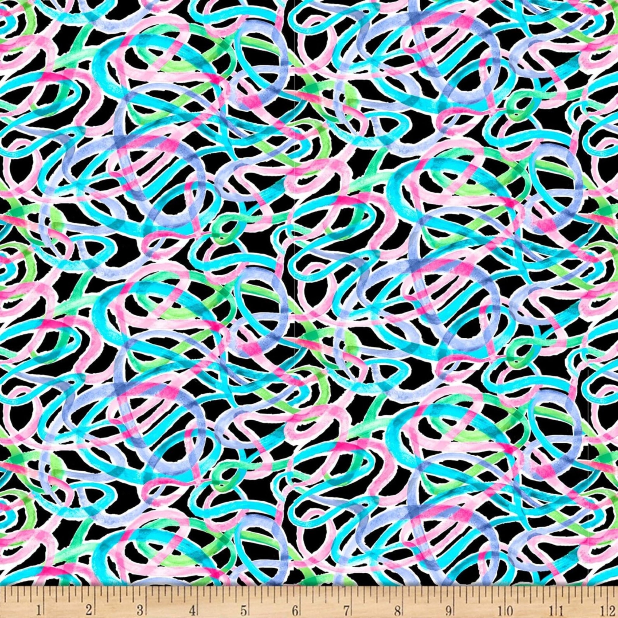 Swirling watercolour squiggles pink turquoise lavender lime green black fabric for modern quilts and children's projects
