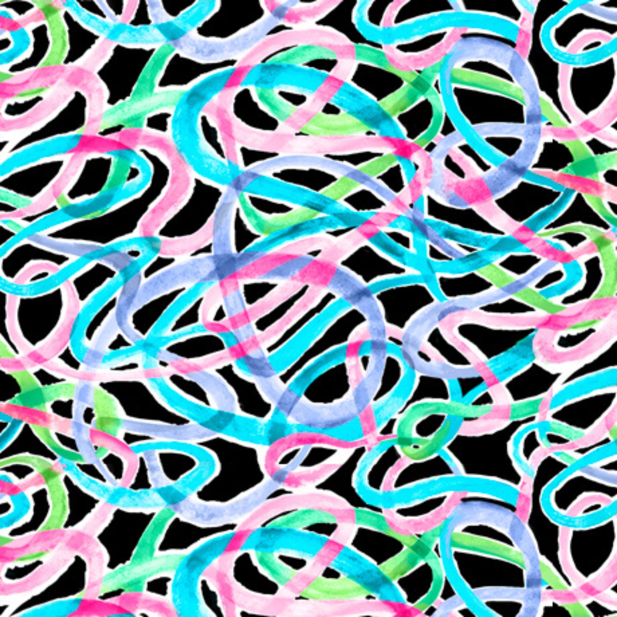 Swirling watercolour squiggles pink turquoise lavender lime green black fabric for modern quilts and children's projects