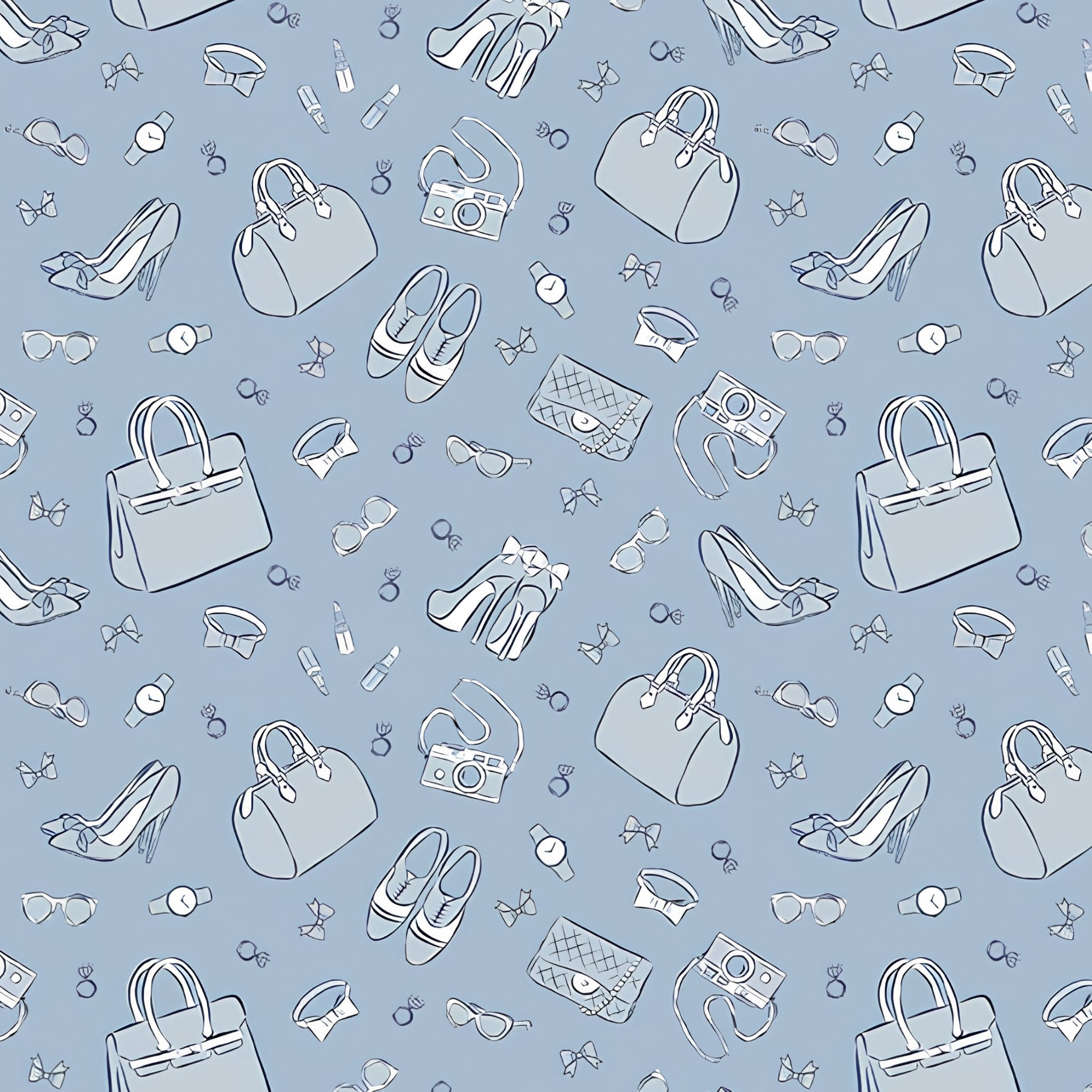Fashion accessories handbags stilettos sunglasses bows lipstick cameras watches rings tone-on-tone blue novelty quilting fabric for race day quilts tote bags and pouches