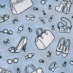 Fashion accessories handbags stilettos sunglasses bows lipstick cameras watches rings tone-on-tone blue novelty quilting fabric for race day quilts tote bags and pouches