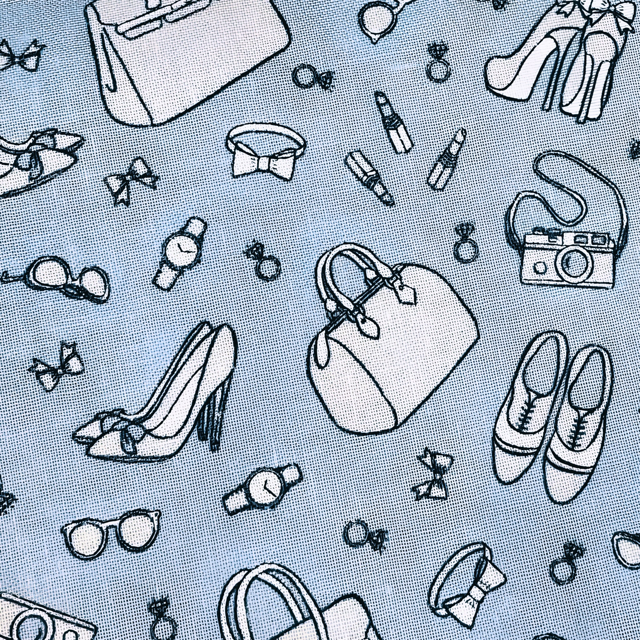 Fashion accessories handbags stilettos sunglasses bows lipstick cameras watches rings tone-on-tone blue novelty quilting fabric for race day quilts tote bags and pouches