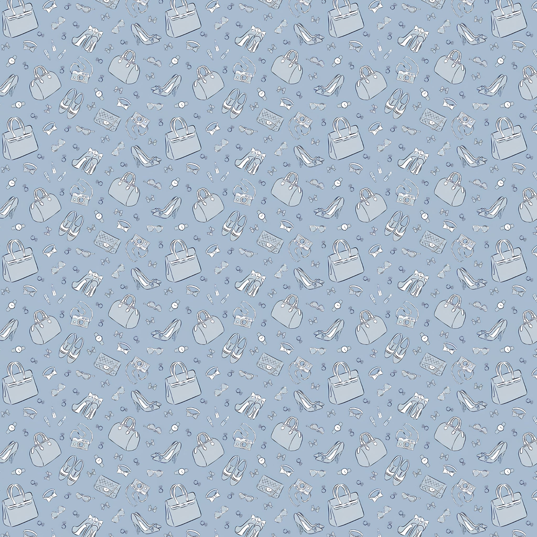 Fashion accessories handbags stilettos sunglasses bows lipstick cameras watches rings tone-on-tone blue novelty quilting fabric for race day quilts tote bags and pouches