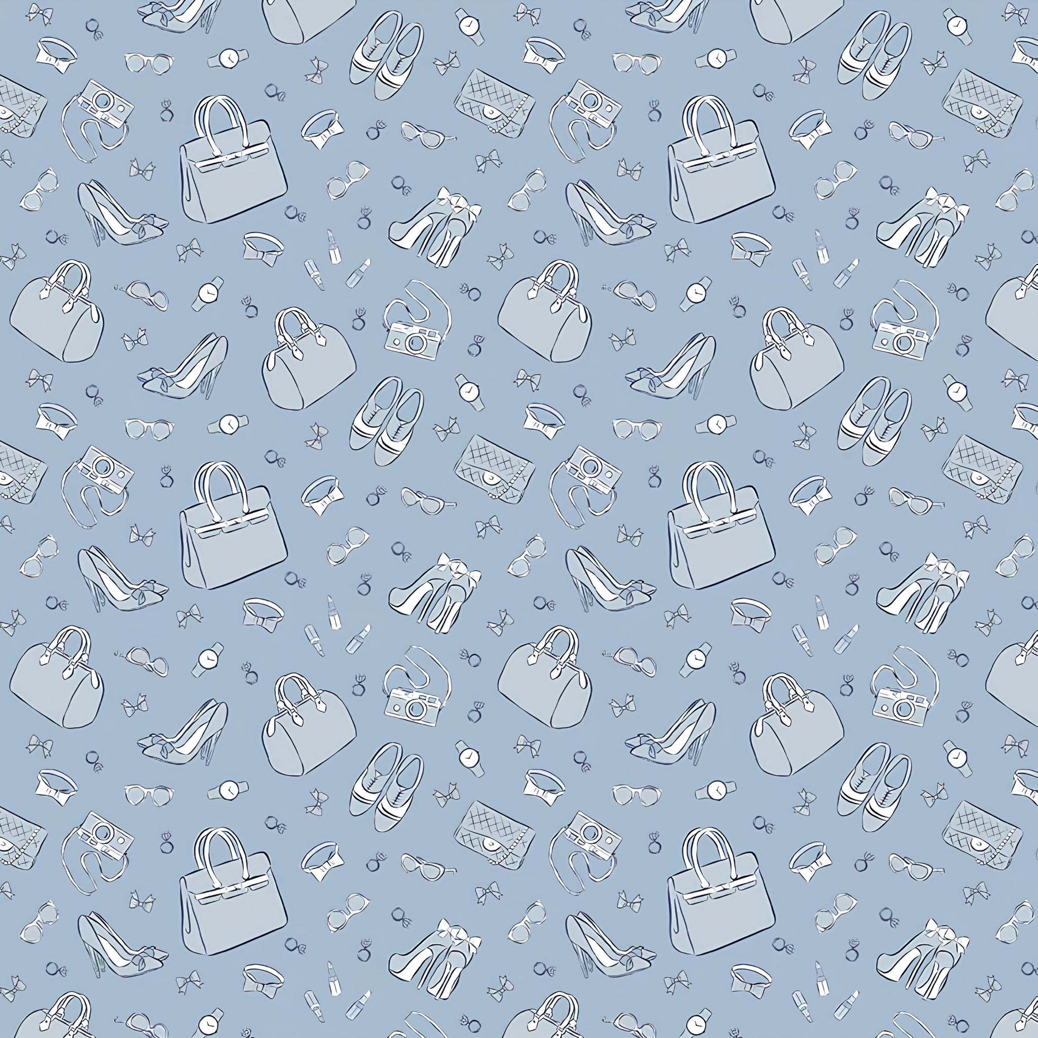 Fashion accessories handbags stilettos sunglasses bows lipstick cameras watches rings tone-on-tone blue novelty quilting fabric for race day quilts tote bags and pouches