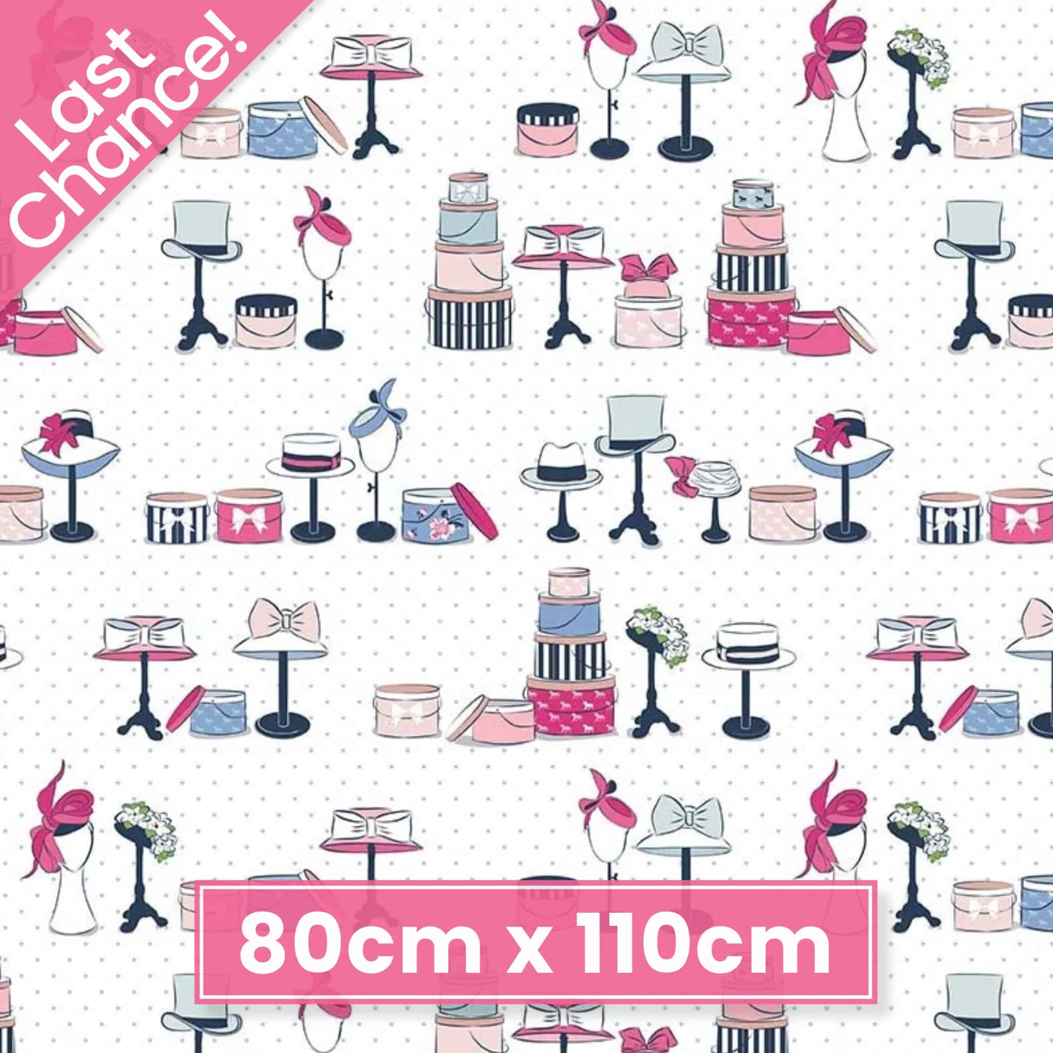 Ladies' hats, fascinators, bows and hatboxes in pink and blue with rose gold sparkle on white quilting cotton fabric for Derby Day racing quilts