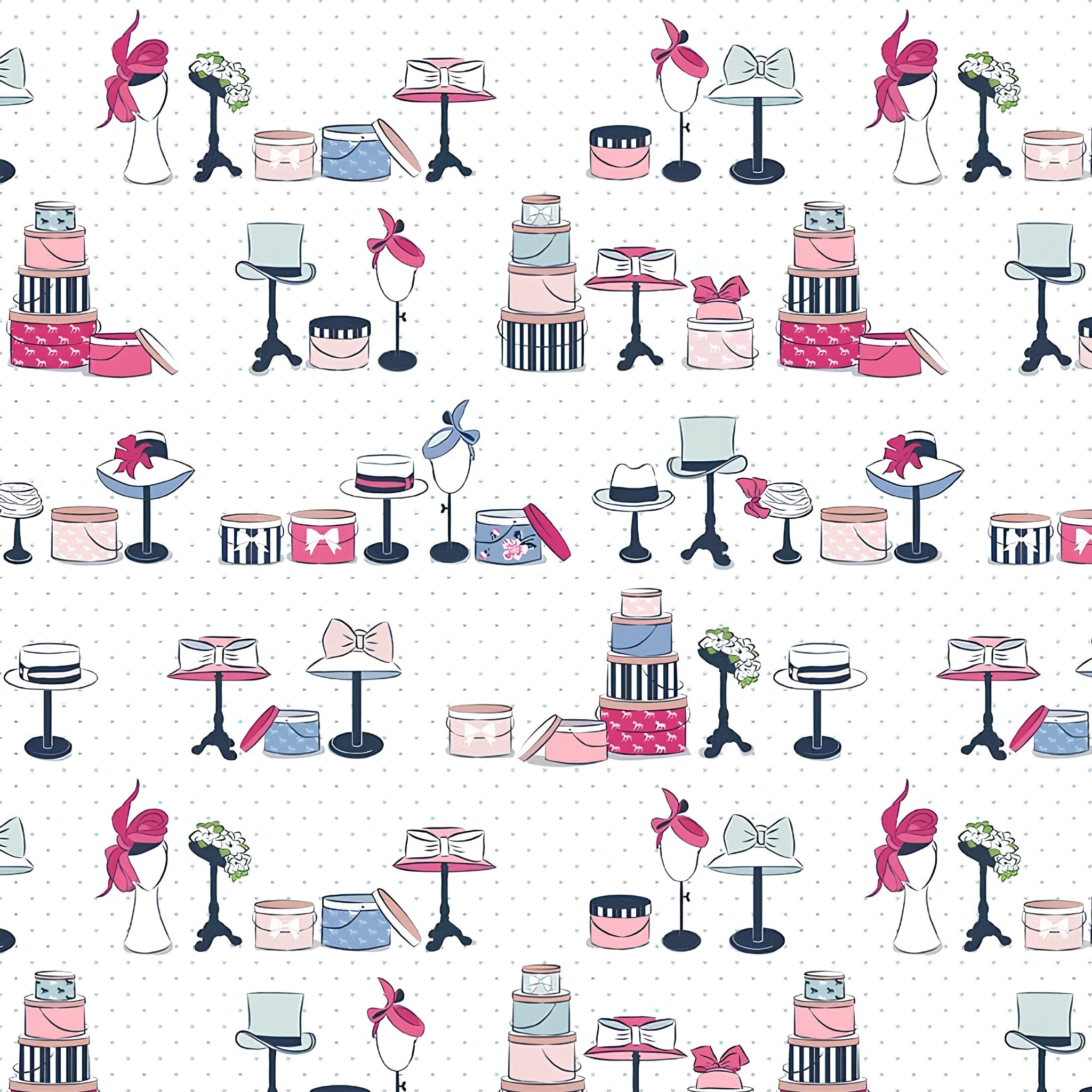 Ladies hats fascinators boater top hats hatboxes pink navy blue rose gold sparkle novelty quilting fabric for race day quilts and Derby Day sewing projects