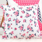 Derby Day vintage floral roses pink blush navy quilting fabric made into a cushion cover with pink pom pom trim