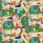 Construction roads dump trucks excavators cranes buildings beige novelty fabric for kids quilts play mats boys room décor patchwork sewing projects