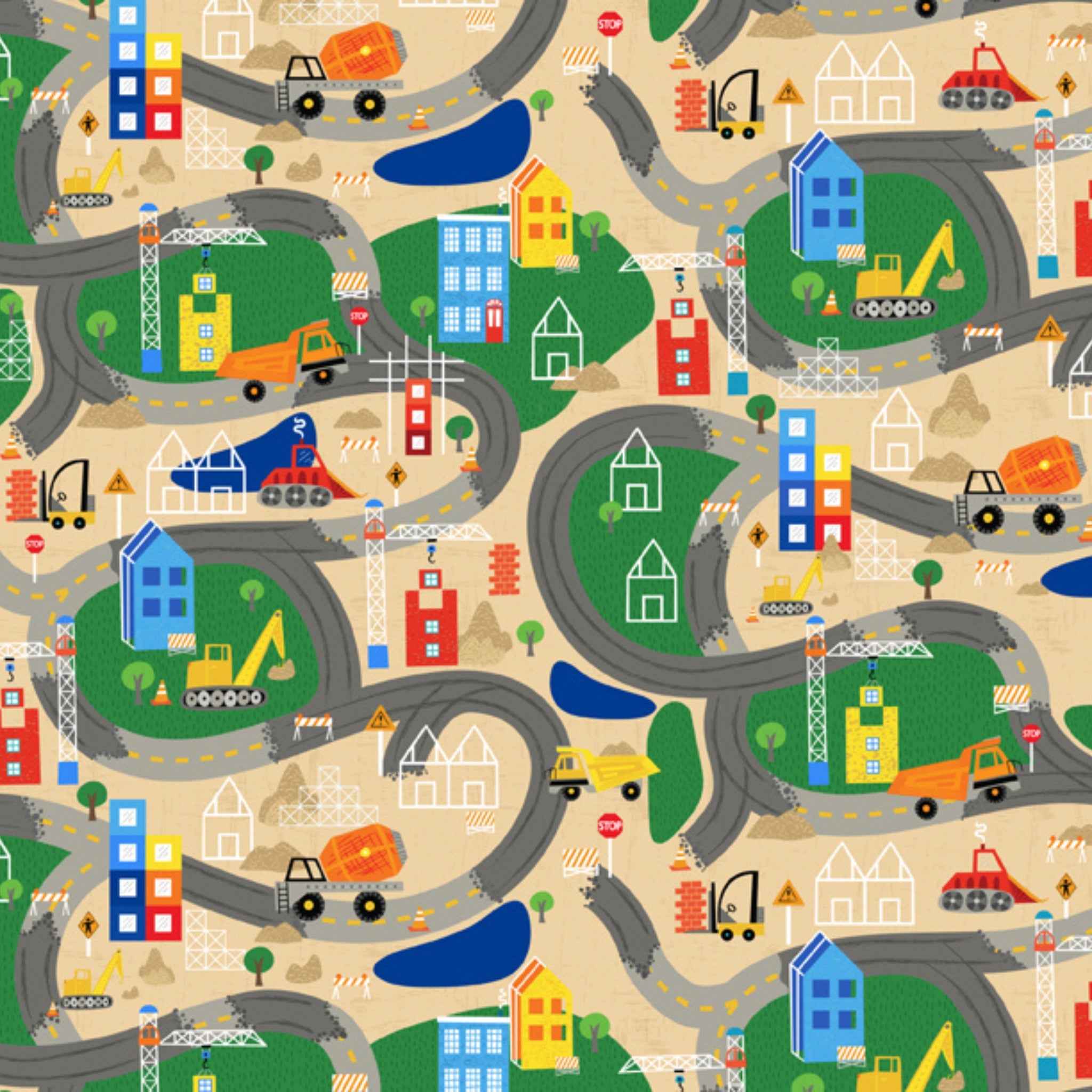 Construction roads dump trucks excavators cranes buildings beige novelty fabric for kids quilts play mats boys room décor patchwork sewing projects