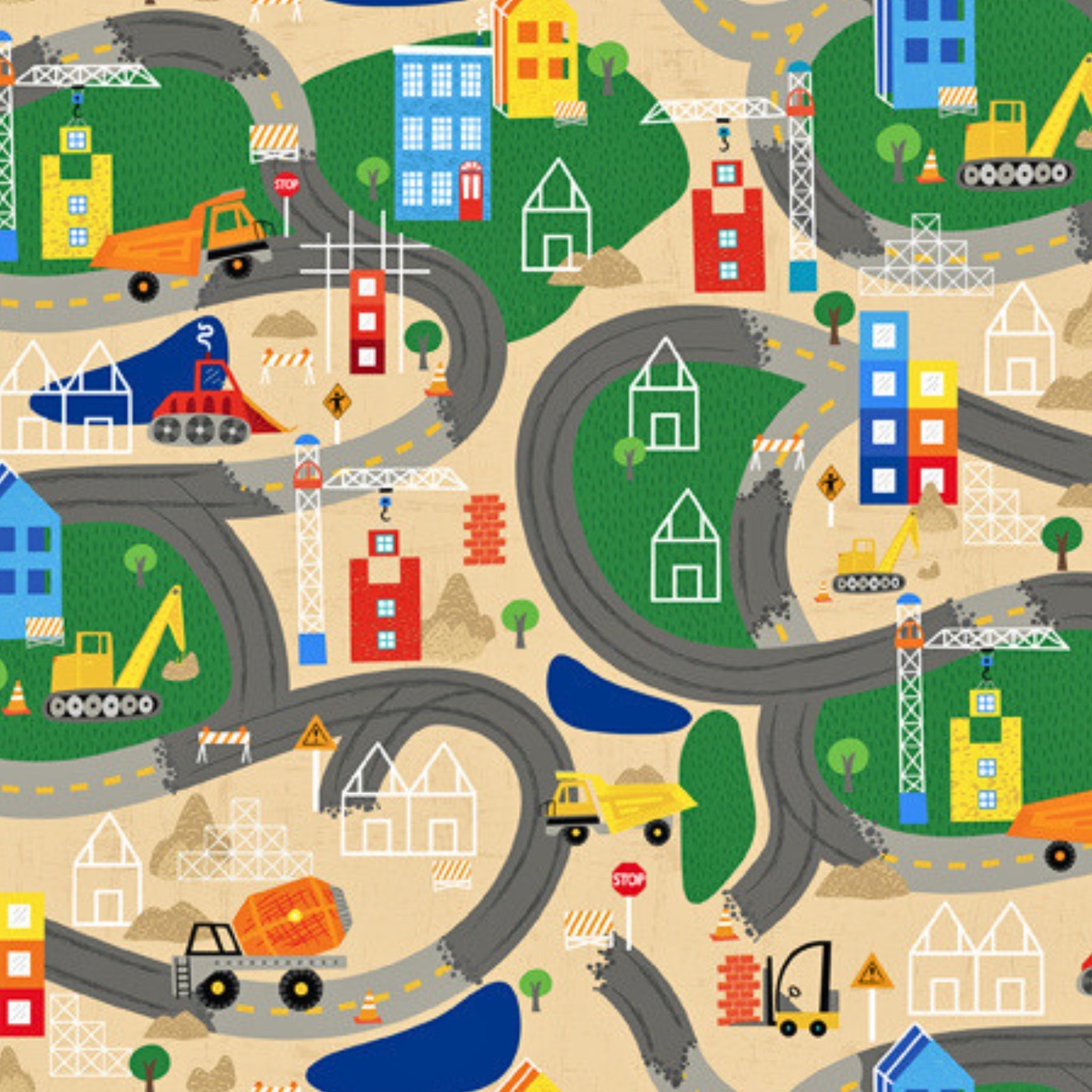 Roadwork dump trucks excavators cranes buildings beige novelty fabric for kids quilts play mats boys room décor patchwork sewing projects