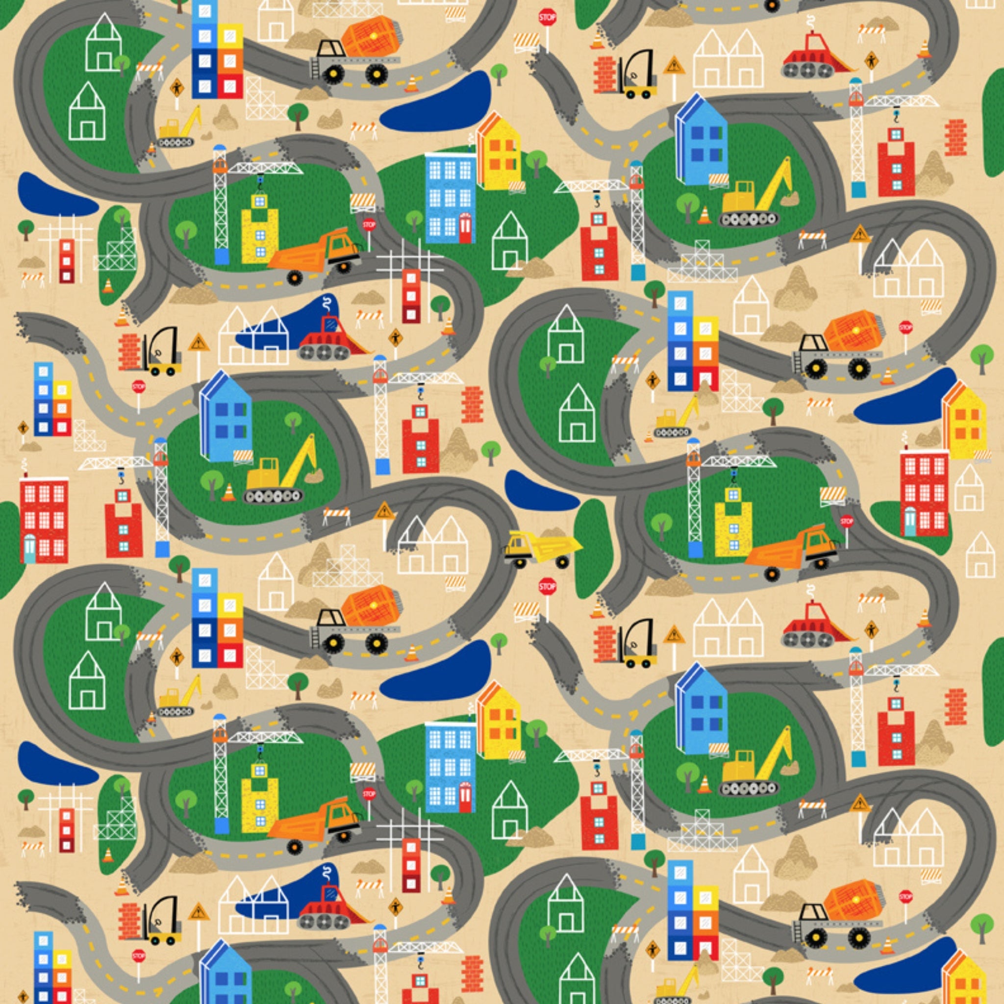 Construction roads dump trucks excavators cranes buildings beige novelty fabric for kids quilts play mats boys room décor patchwork sewing projects