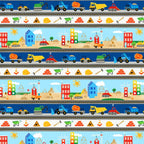 Construction stripe dump trucks excavators cranes hard hats traffic cones navy white novelty fabric for kids quilts borders sashing boys patchwork projects