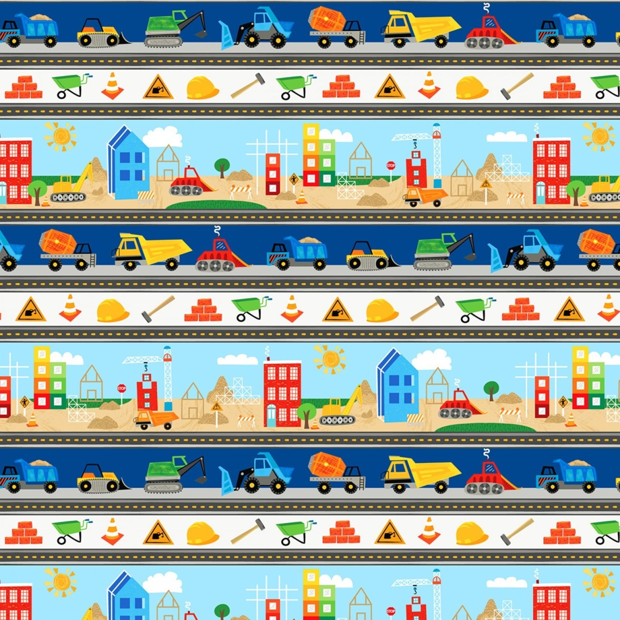Construction stripe dump trucks excavators cranes hard hats traffic cones navy white novelty fabric for kids quilts borders sashing boys patchwork projects