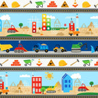 Roadwork stripe dump trucks excavators cranes hard hats traffic cones navy white novelty fabric for kids quilts borders sashing boys patchwork projects