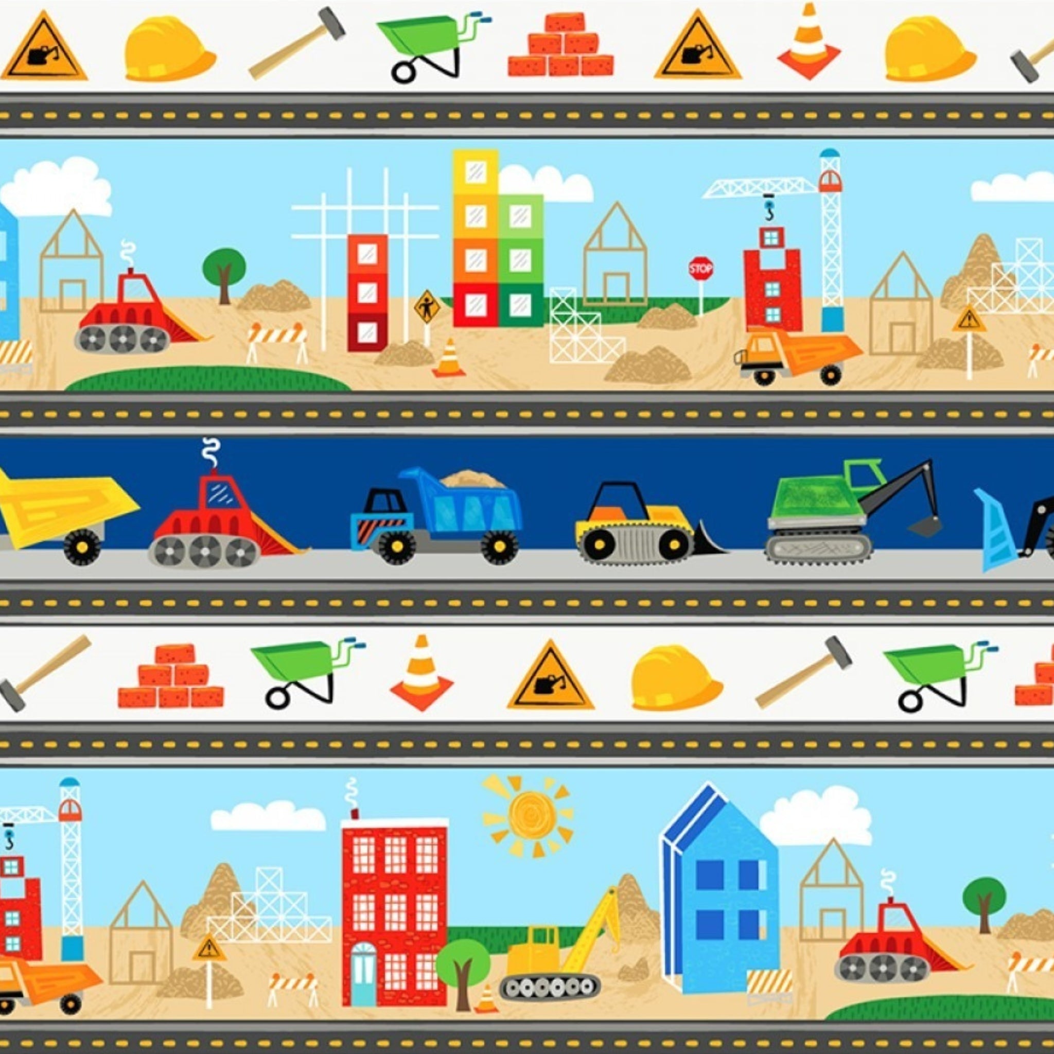 Roadwork stripe dump trucks excavators cranes hard hats traffic cones navy white novelty fabric for kids quilts borders sashing boys patchwork projects