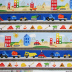 Construction border stripe dump trucks excavators cranes hard hats traffic cones navy white novelty fabric for kids quilts sashing boys patchwork projects