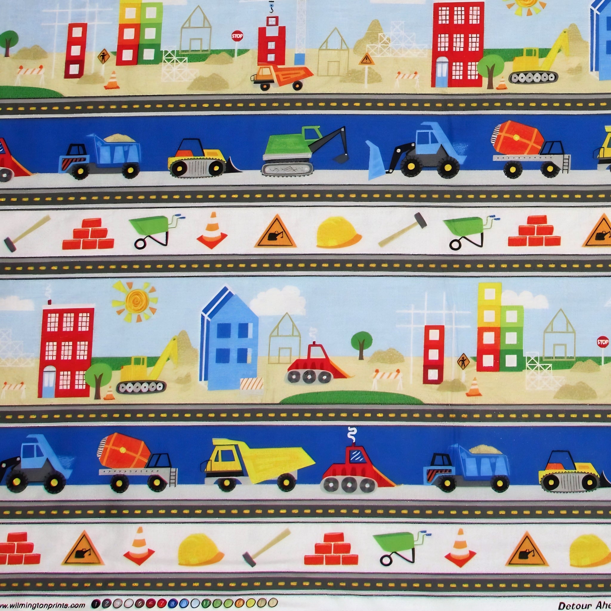 Construction border stripe dump trucks excavators cranes hard hats traffic cones navy white novelty fabric for kids quilts sashing boys patchwork projects