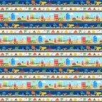 Construction stripe dump trucks excavators cranes hard hats traffic cones navy white novelty fabric for kids quilts borders sashing boys patchwork projects