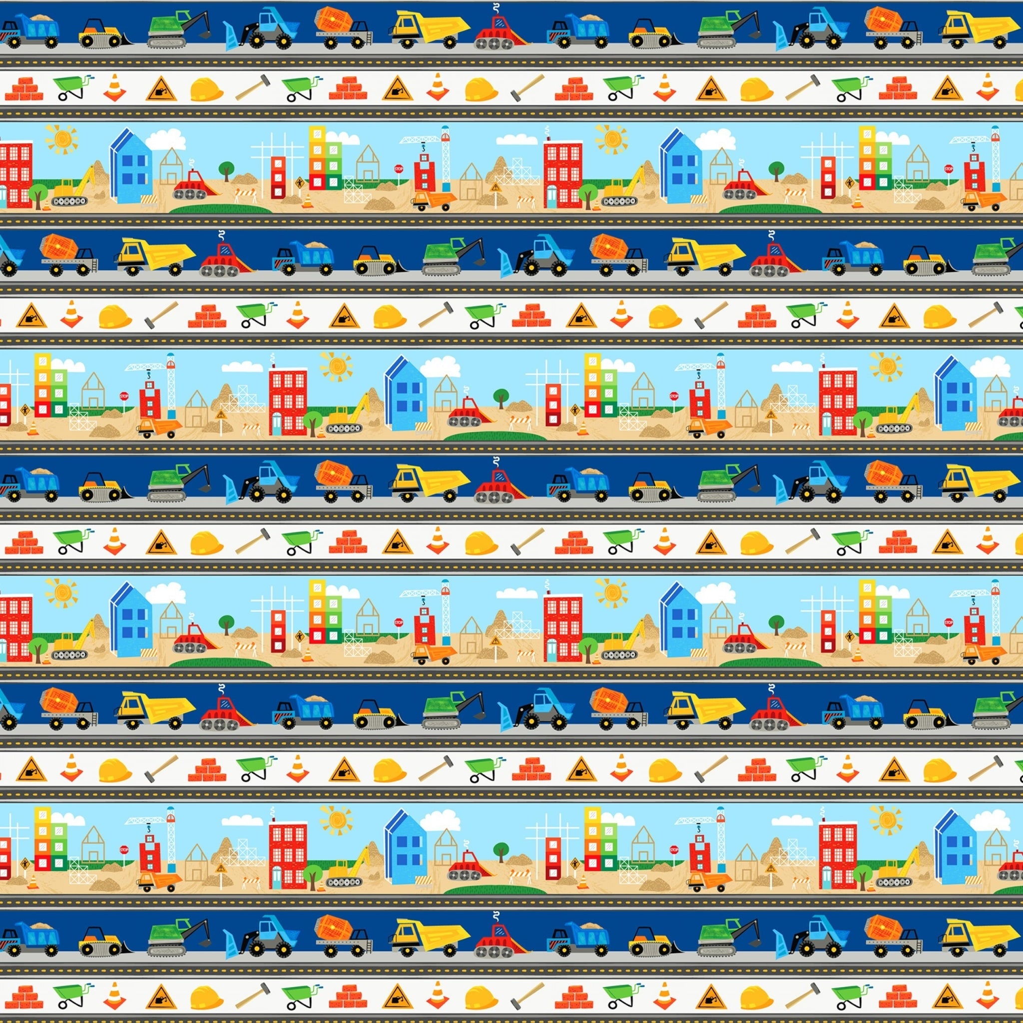 Construction stripe dump trucks excavators cranes hard hats traffic cones navy white novelty fabric for kids quilts borders sashing boys patchwork projects