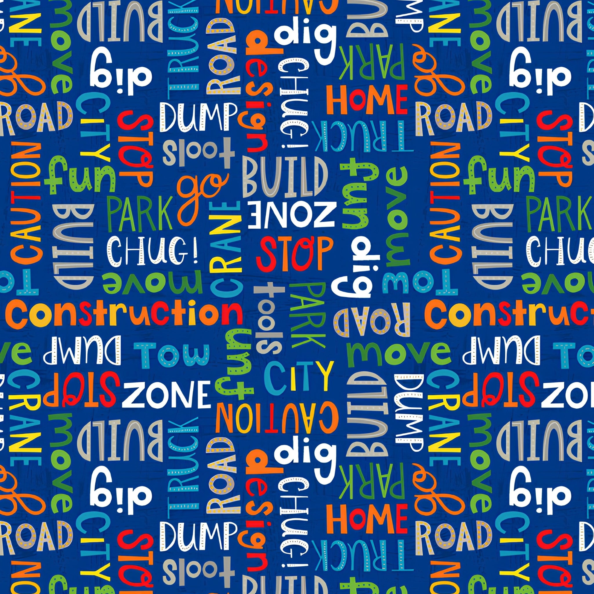Construction words all over stop build dig caution zone navy blue novelty fabric for kids quilts tote bags boys patchwork sewing projects