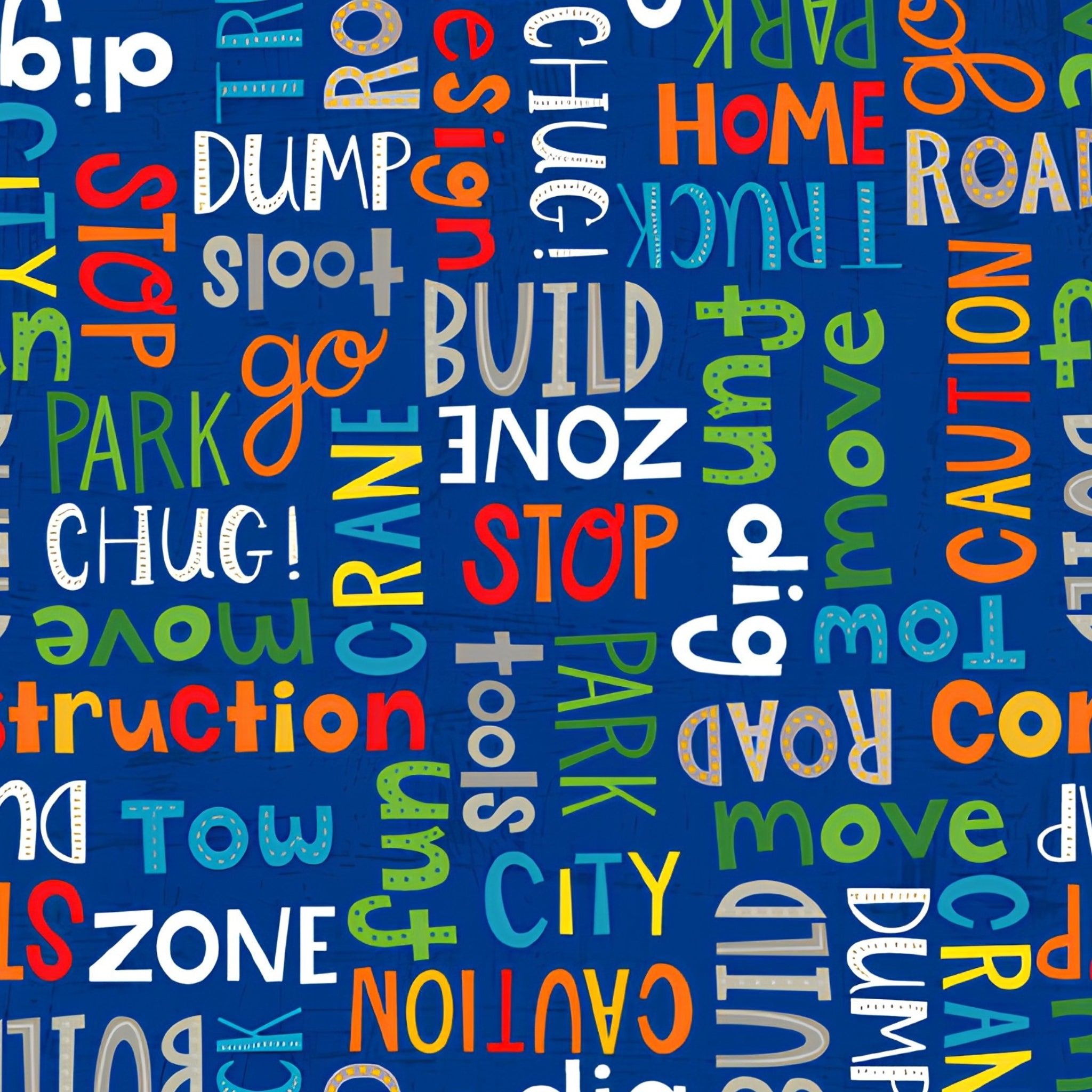 Construction words phrases all over stop build dig caution zone navy blue novelty fabric for kids quilts tote bags boys patchwork sewing projects