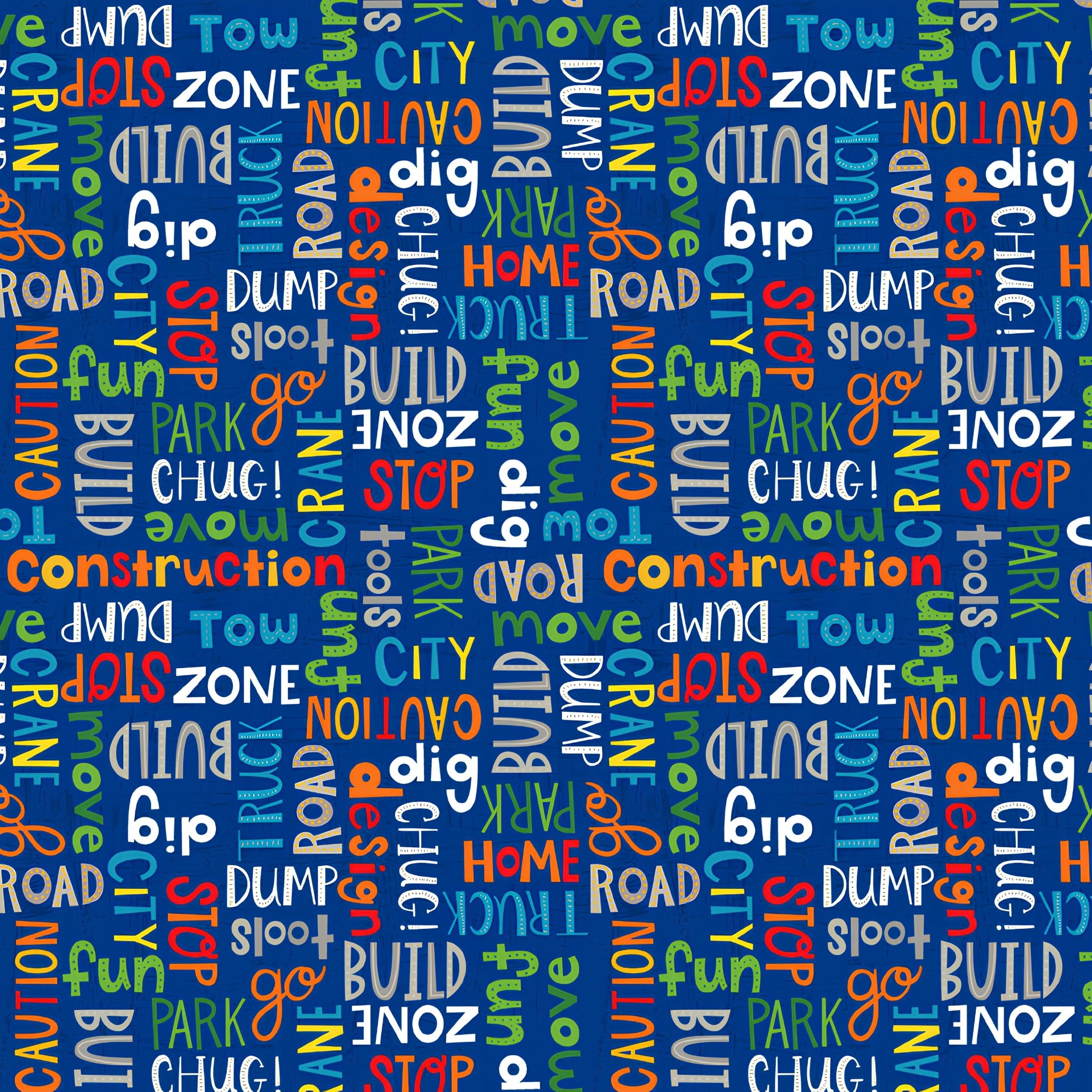 Construction words all over stop build dig caution zone navy blue novelty fabric for kids quilts tote bags boys patchwork sewing projects