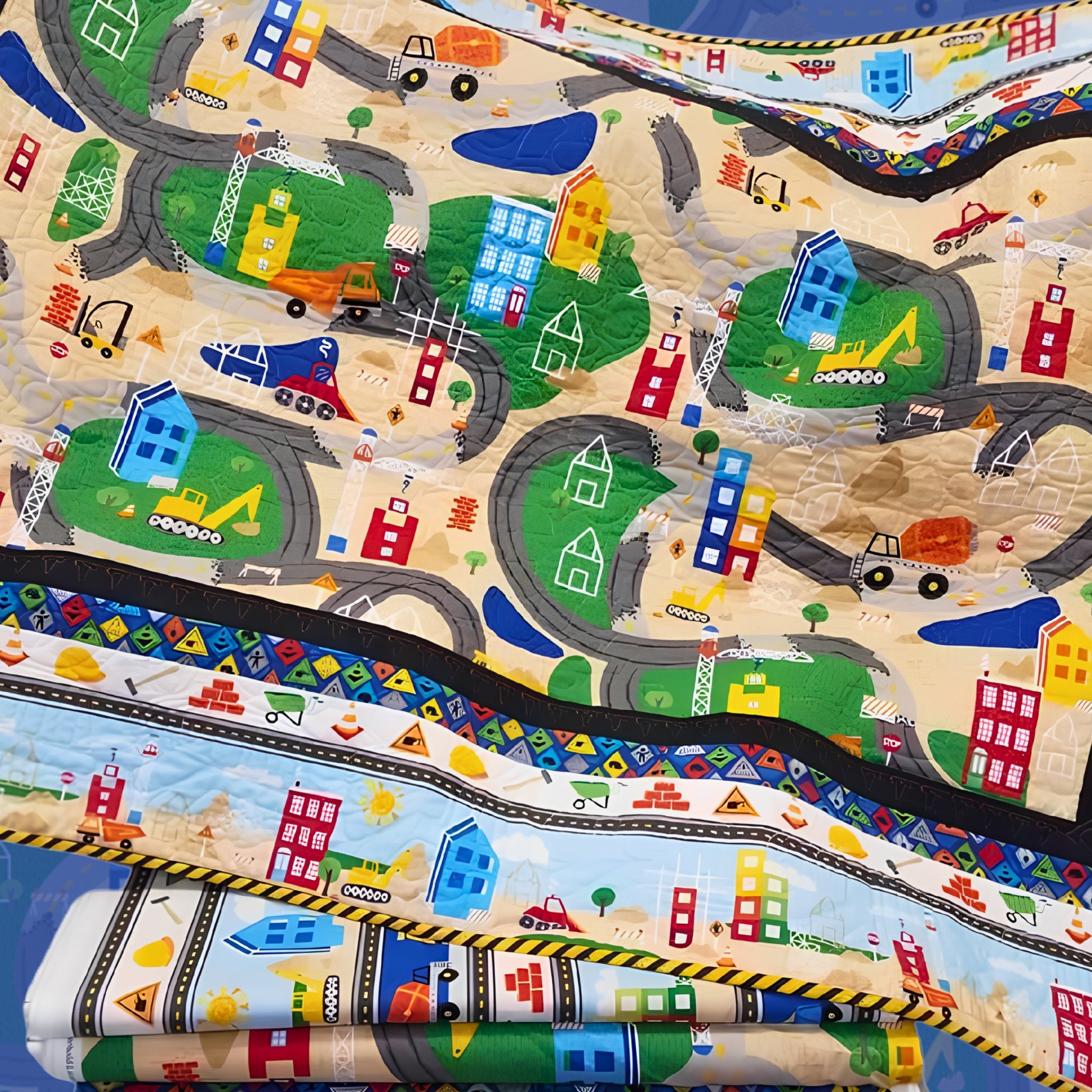 Detour Ahead construction quilt and fabric bolts showing playmat print stripe and border designs kids boys novelty patchwork projects