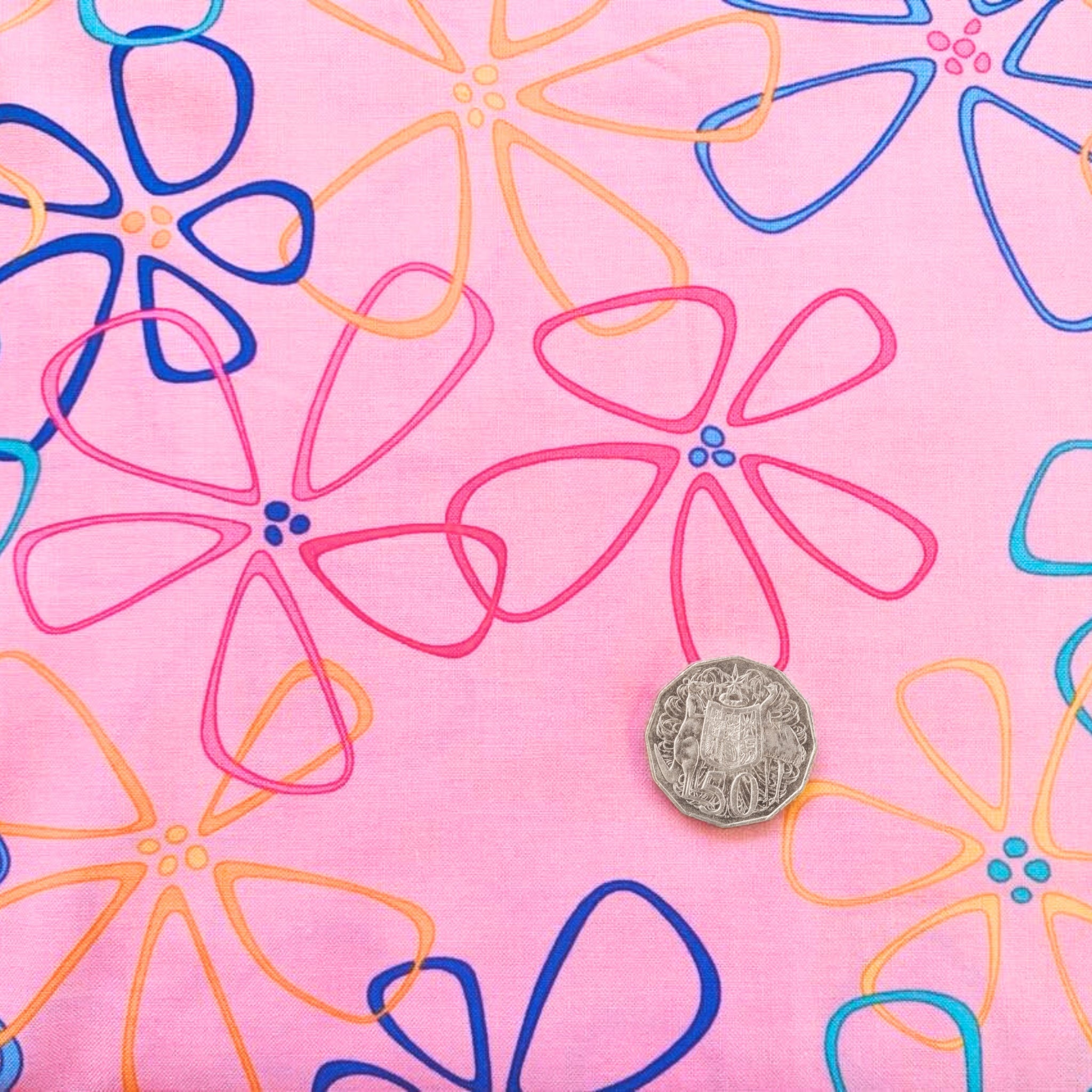 Me and My Sister abstract flower outlines pink orange blue fabric for modern quilts and patchwork sewing projects