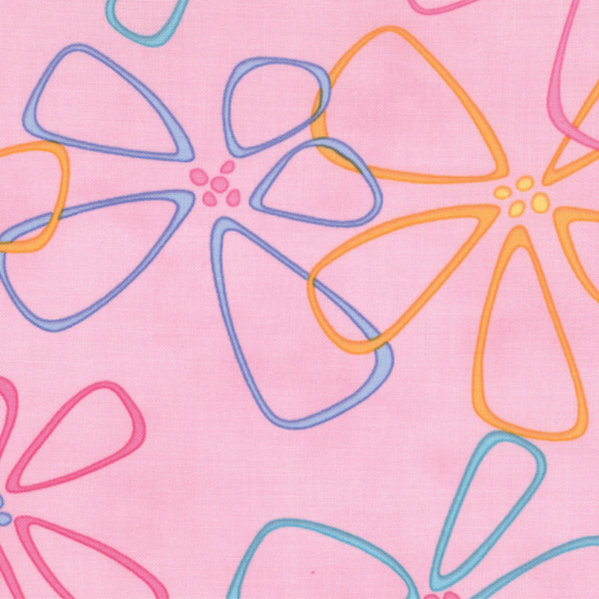 Me and My Sister abstract flower outlines pink orange blue fabric for modern quilts and contemporary patchwork sewing projects