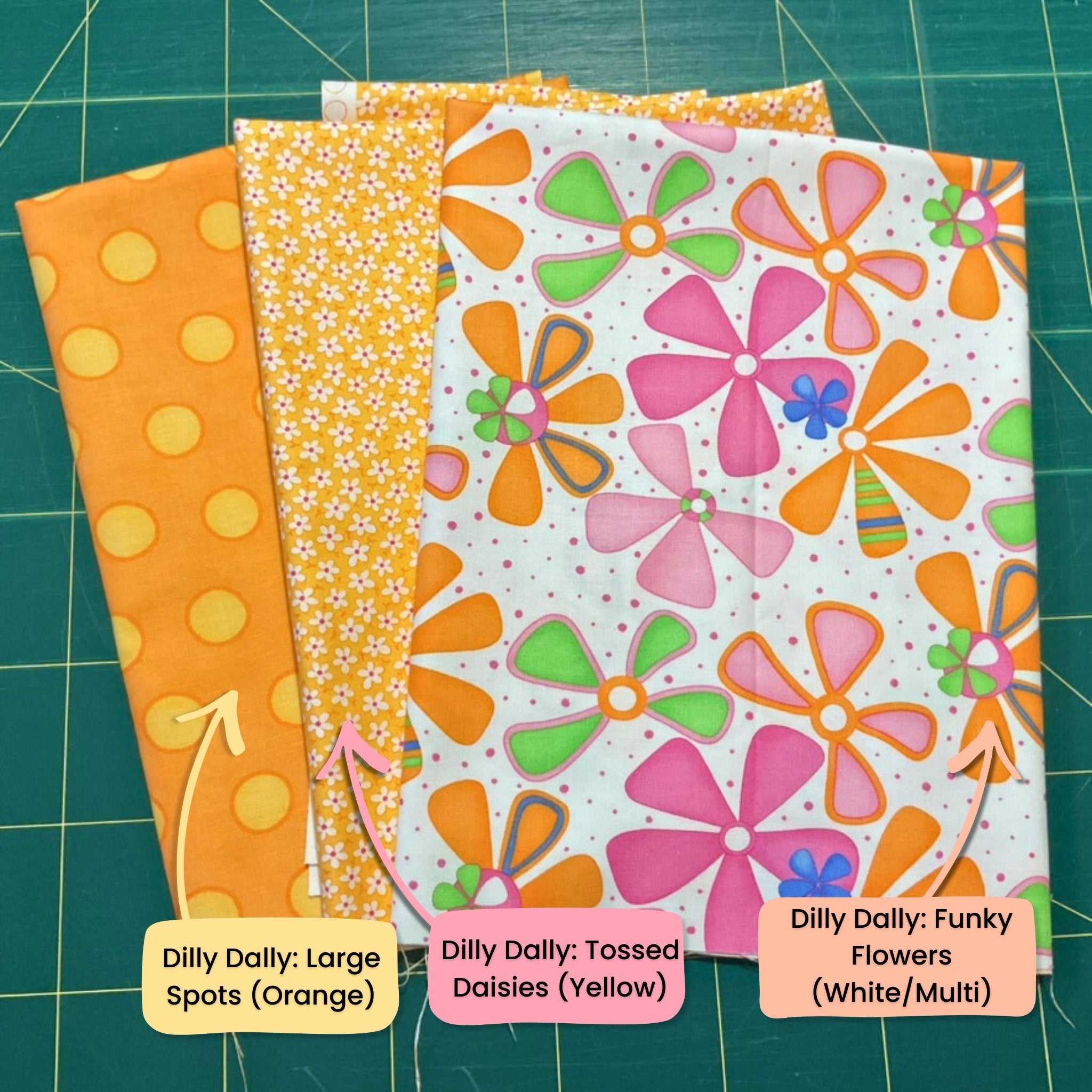 Me and My Sister Dilly Dally retro funky flowers large spots tossed daisies orange yellow white fabric for children's quilts and patchwork