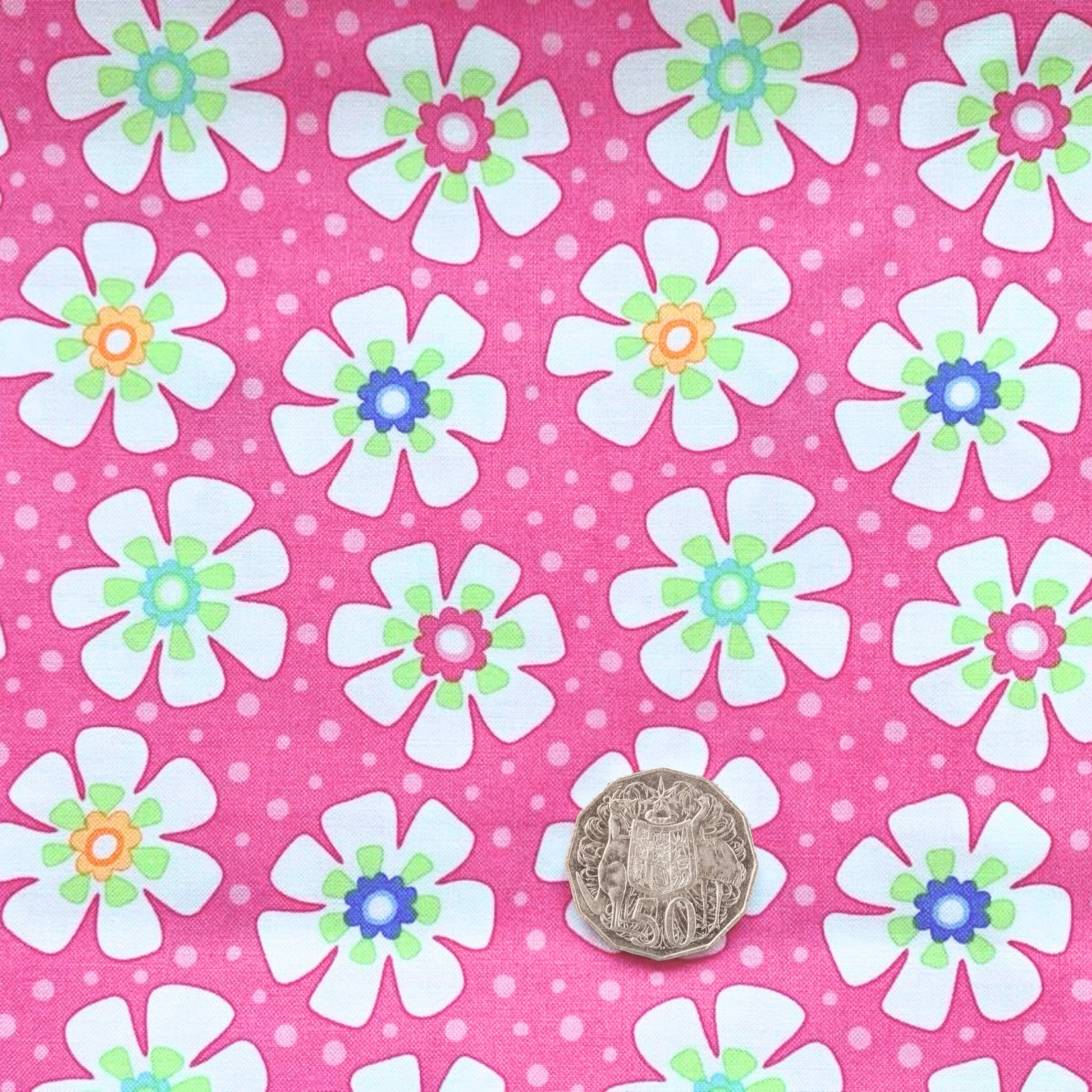 Me and My Sister white flowers hot pink fabric for modern quilts and contemporary patchwork sewing projects