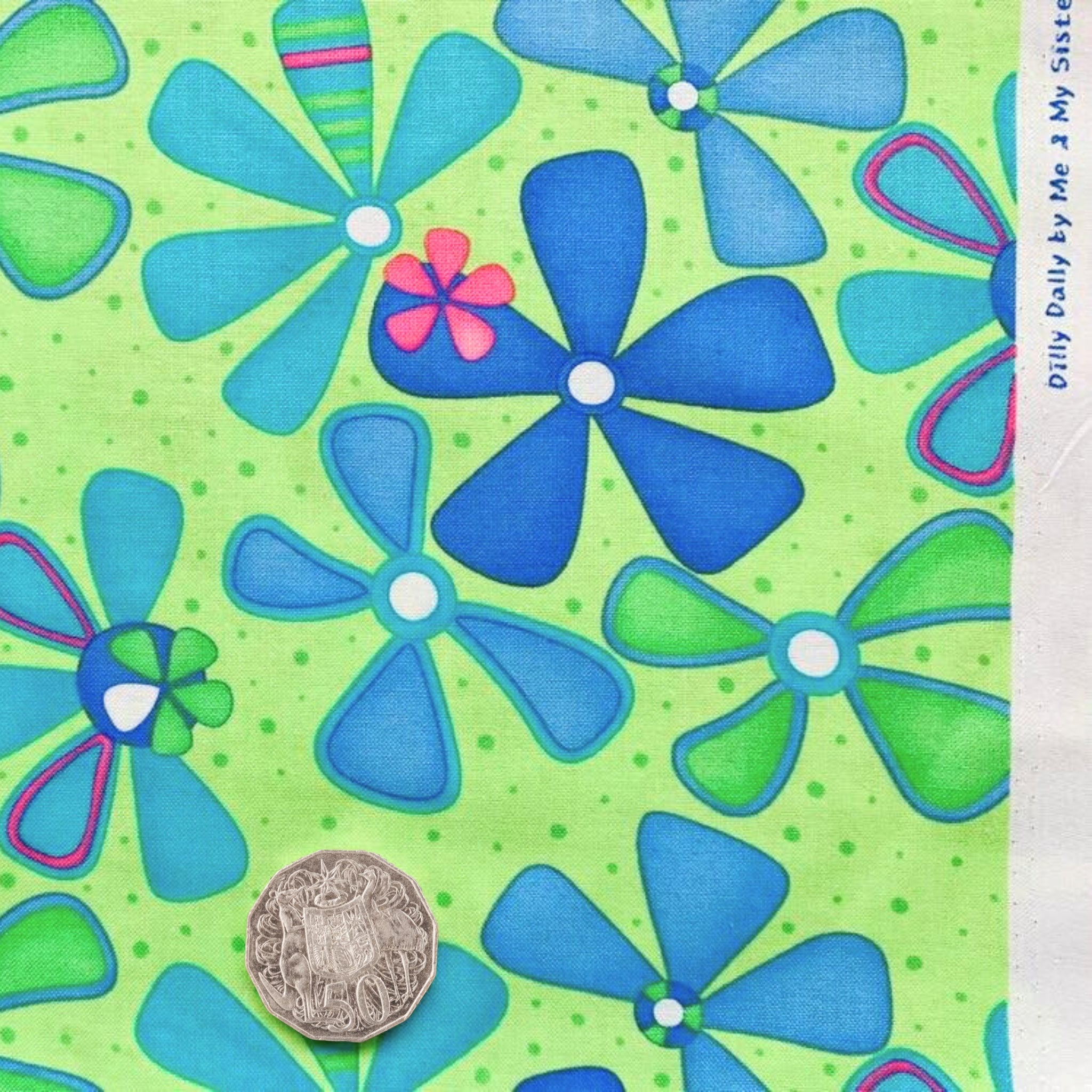 Me and My Sister retro funky flowers green purple teal fabric for modern quilts and patchwork sewing projects