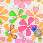 Me & My Sister retro funky flowers white pink orange fabric for children's quilts and contemporary patchwork sewing projects