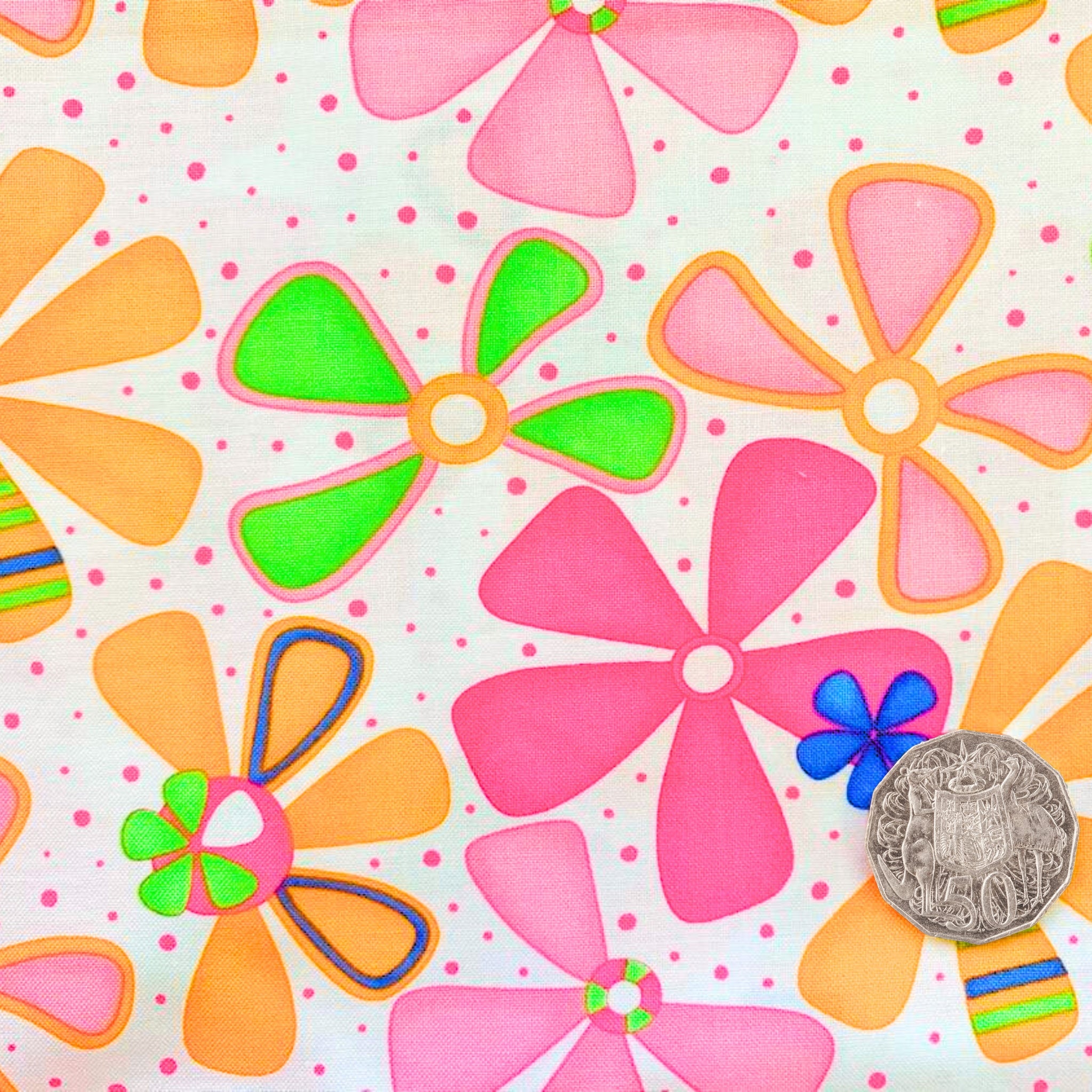 Me & My Sister retro funky flowers white pink orange fabric for children's quilts and contemporary patchwork sewing projects