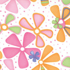 Me and My Sister retro funky flowers white pink orange fabric for children's quilts and contemporary patchwork sewing projects