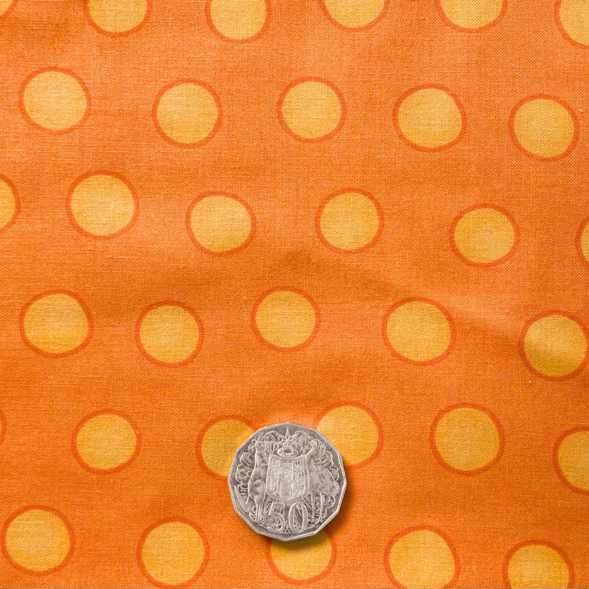 Me and My Sister large yellow spots orange fabric for autumn quilts and patchwork sewing projects