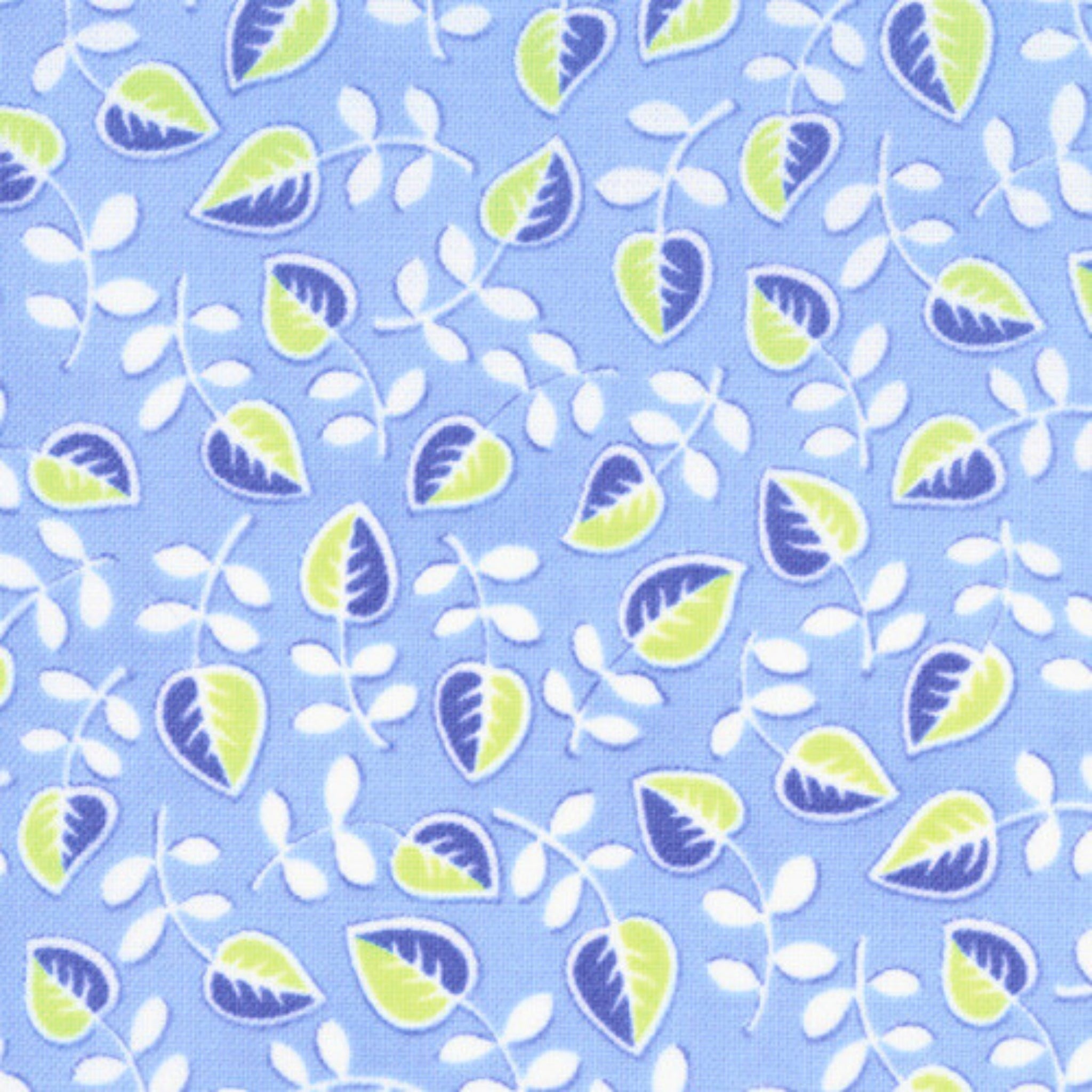 Me and My Sister leafy vine green white periwinkle blue fabric for spring quilts and contemporary patchwork sewing projects