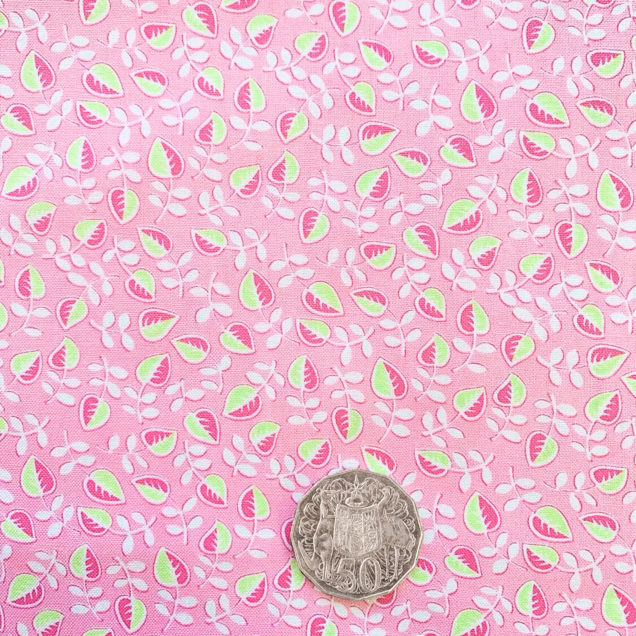 Me and My Sister leafy vine pink green bubblegum pink fabric for baby quilts and contemporary patchwork sewing projects